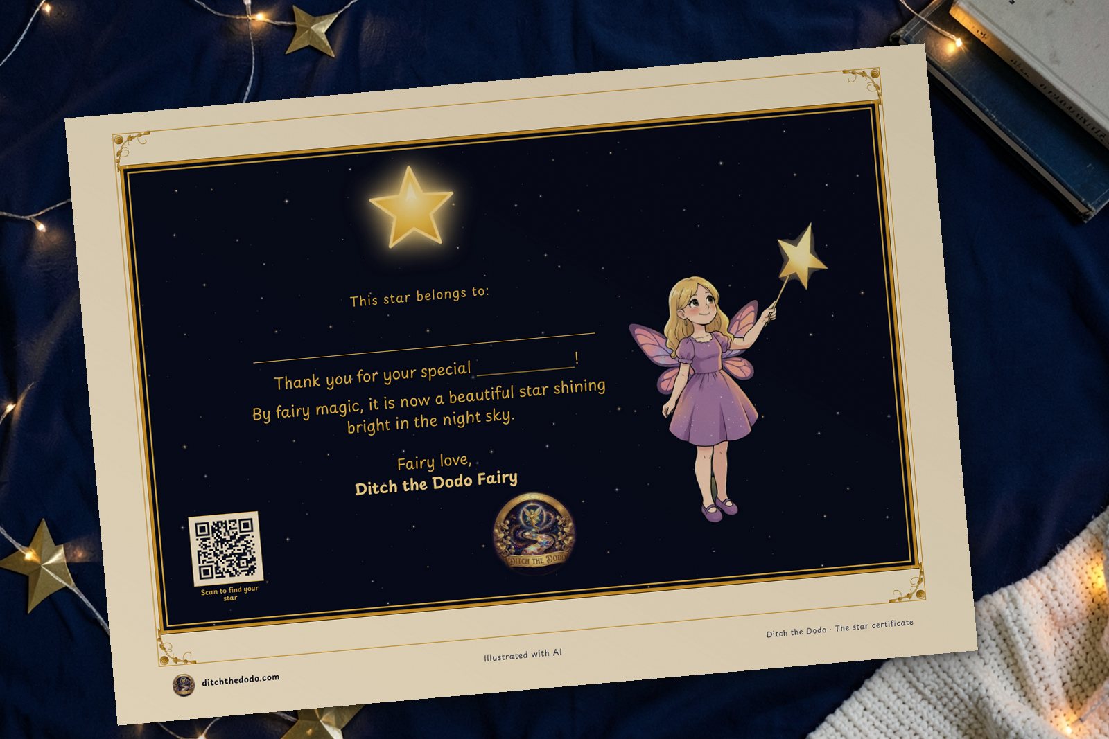Mock-up of the printed star certificate lying on a navy bedspread beside fairy lights