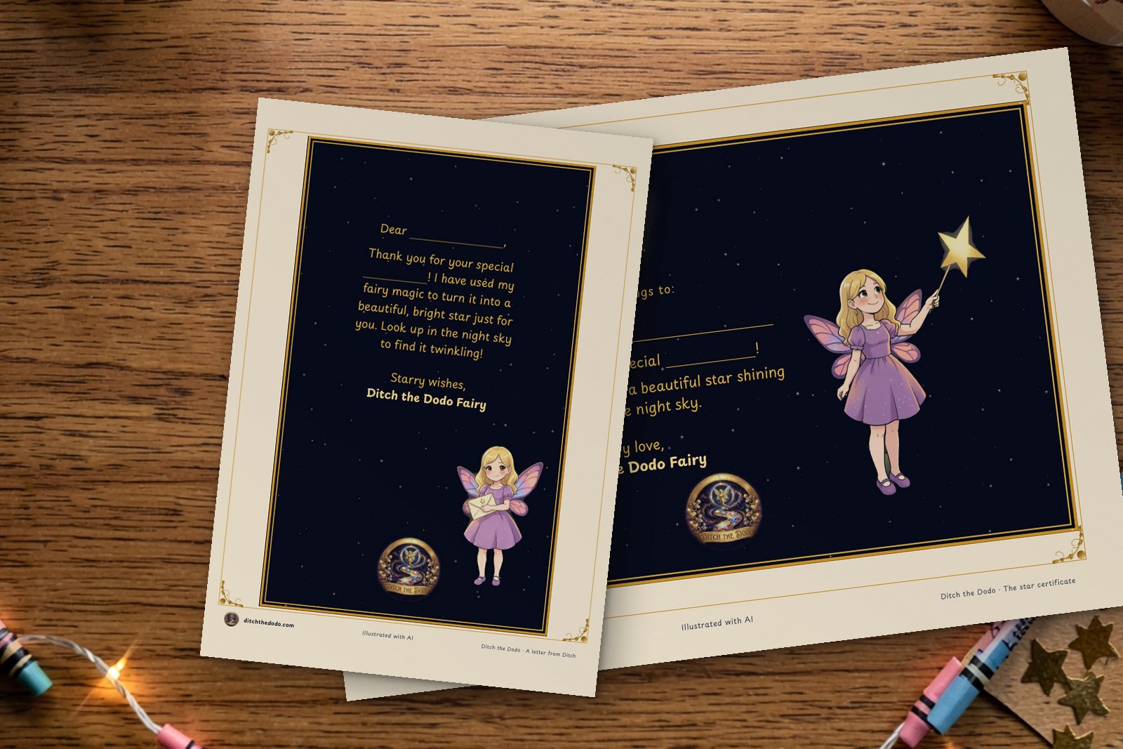 Mock-up of the printed letter and star certificate together on a wooden table