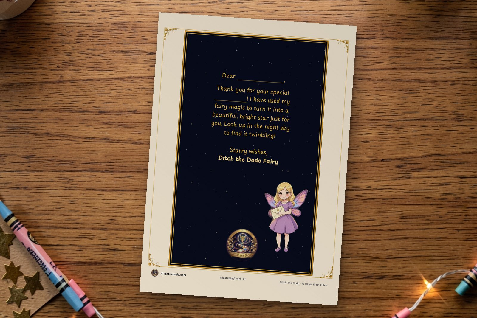 Mock-up of Ditch's printed letter on a kitchen table, with crayons and gold star stickers beside it