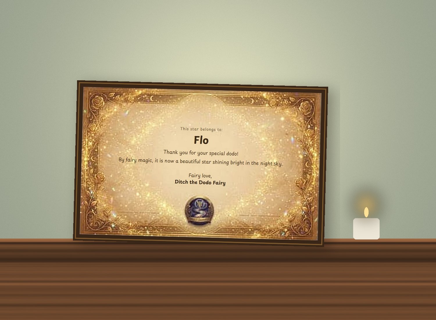 The star certificate for Flo in a frame on a mantelpiece beside a candle