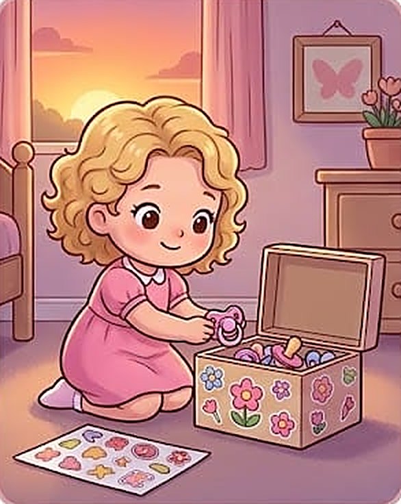 Flo kneels by a box covered in flower stickers, putting her dummies inside